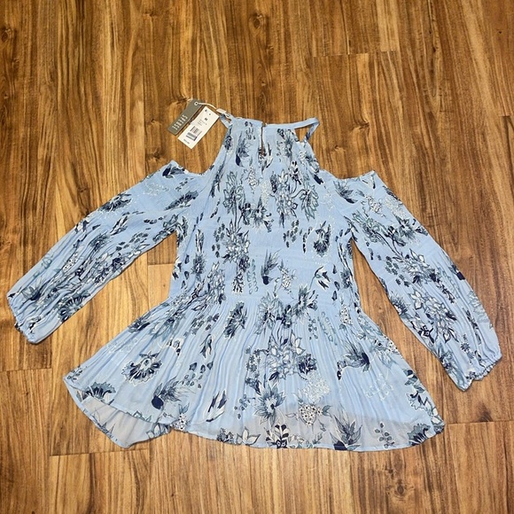 Spense women’s medium 8 10 blouse top Blue Floral Cold Shoulder pleated nwt - Picture 4 of 7